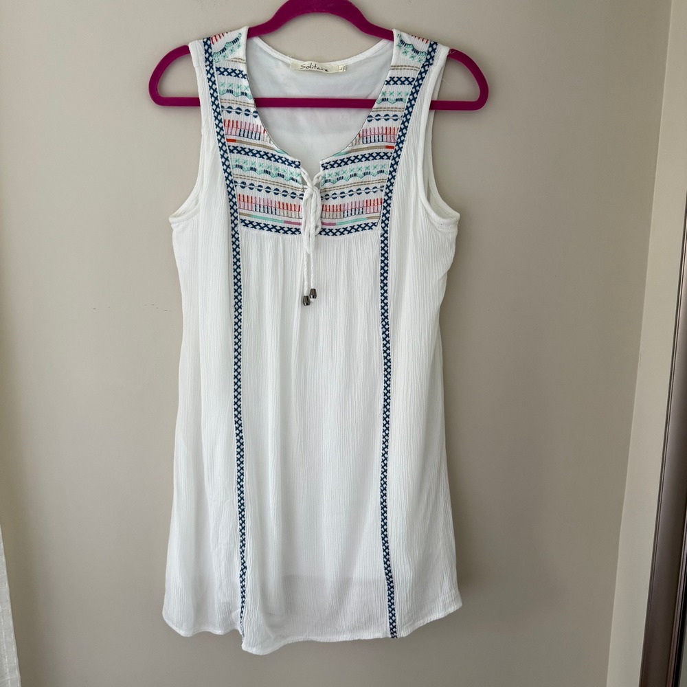 Solitaire White‎ Embroidered Gauze Sleeveless Tassel Tie Tunic Top Womens Large